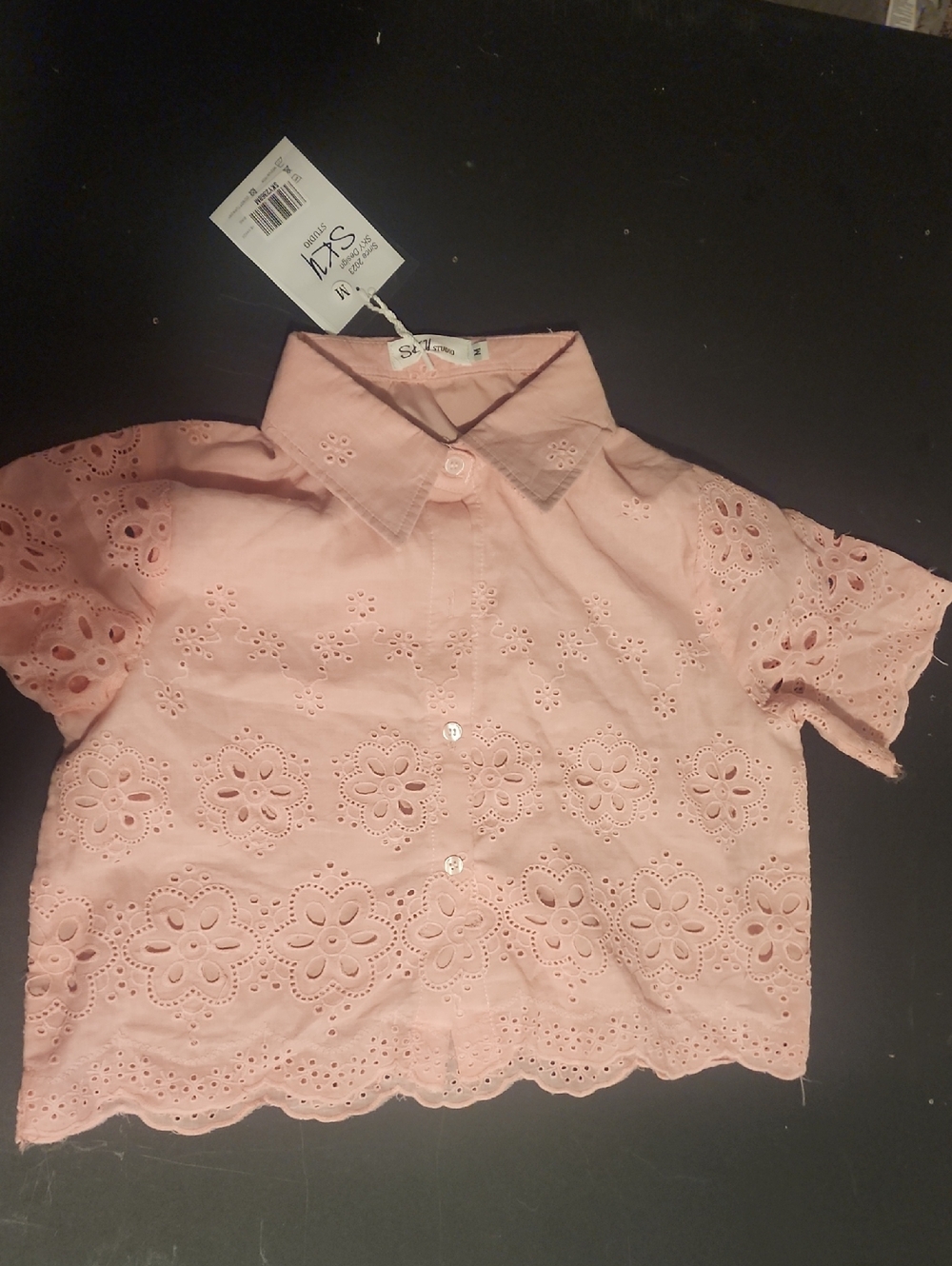 Sky Pink Eyelet Crop Button-Up